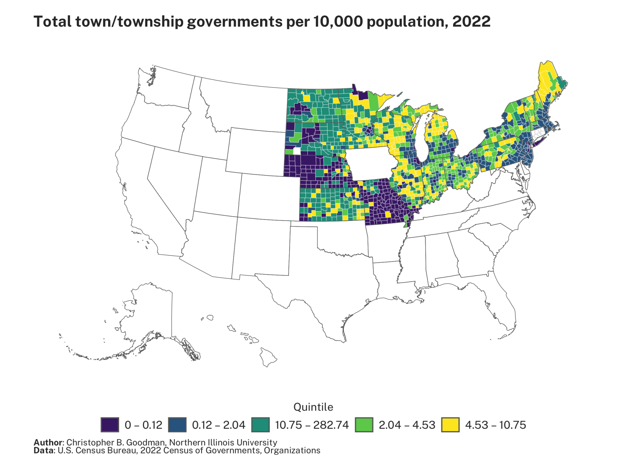 Total town/township governments per 10,000 population, 2022